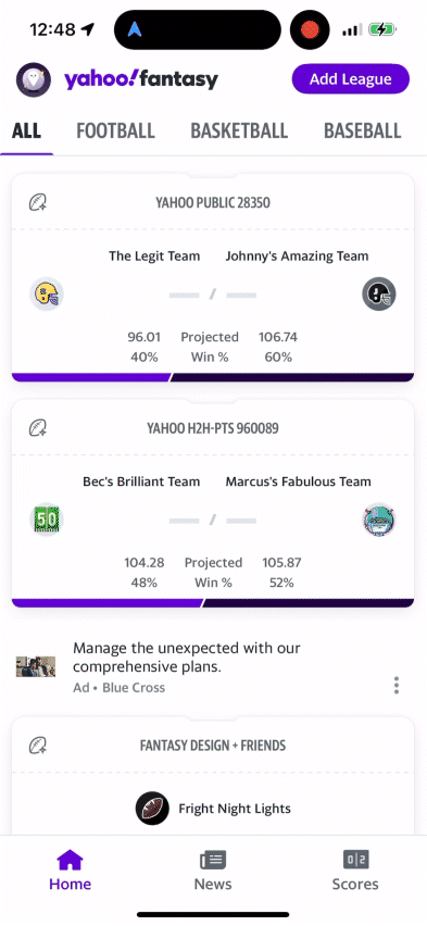 Animated image showing how to tap to see a matchup in the Yahoo Fantasy app.